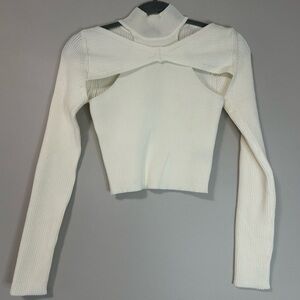 Very J Cream Ribbed Cutout Crop Top